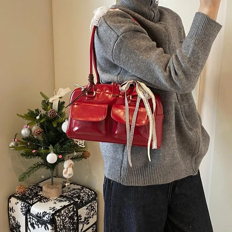 Cute Shoulder Bag for Women, Y2K Purse Aesthetic Japanese Tote, Burgundy Leather Bow Purse