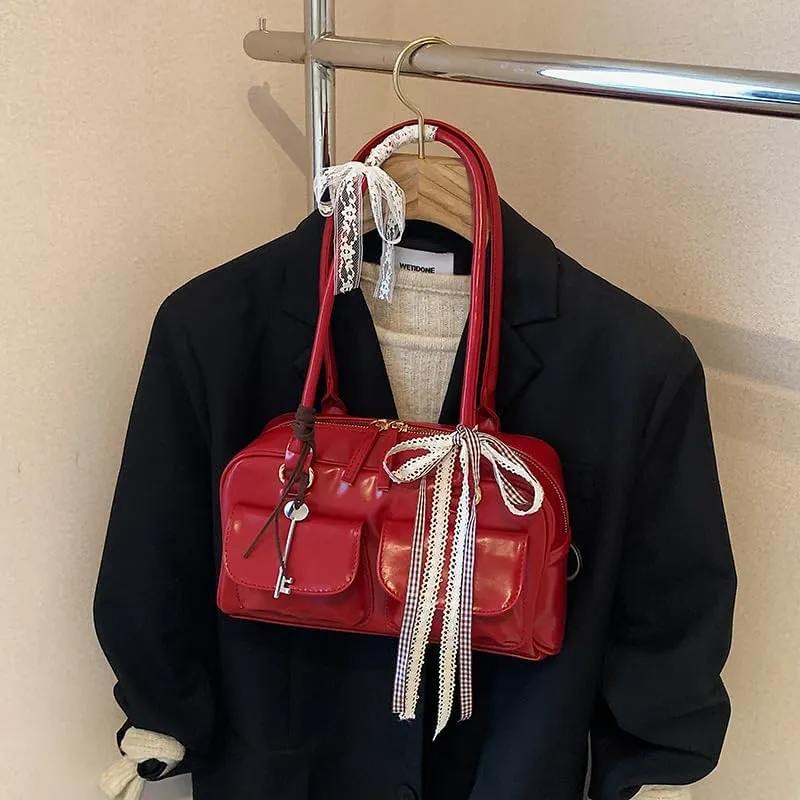 Cute Shoulder Bag for Women, Y2K Purse Aesthetic Japanese Tote, Burgundy Leather Bow Purse