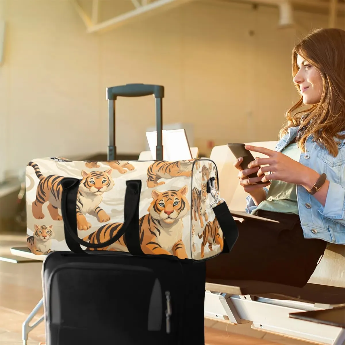 Cute Tiger Travel Duffel Bag for Women Men Waterproof Foldable Overnight Weekender Bag Large Capacity Sports Gym Bag