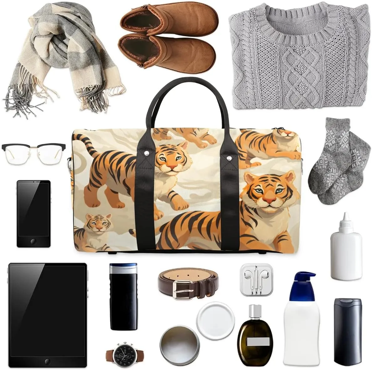 Cute Tiger Travel Duffel Bag for Women Men Waterproof Foldable Overnight Weekender Bag Large Capacity Sports Gym Bag