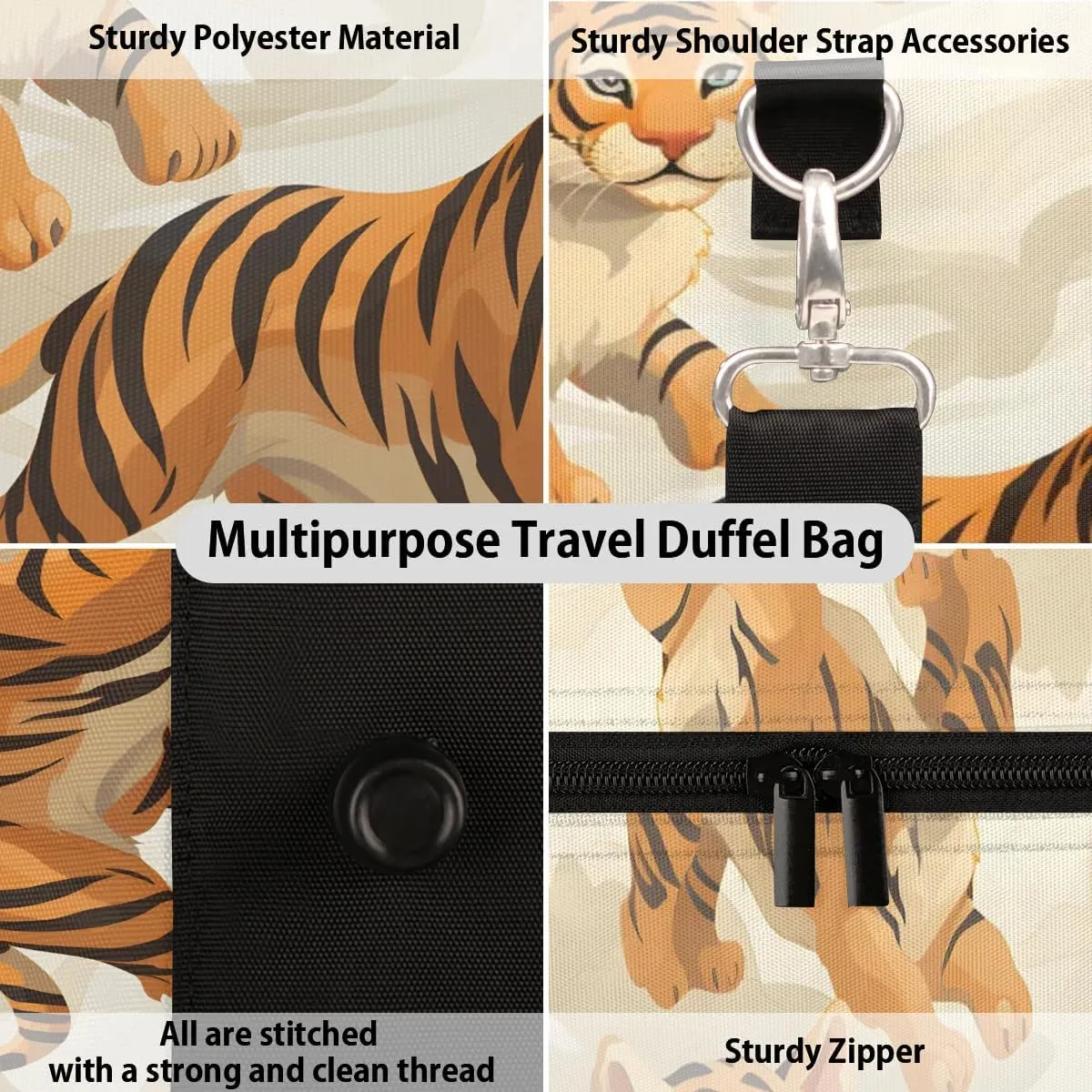 Cute Tiger Travel Duffel Bag for Women Men Waterproof Foldable Overnight Weekender Bag Large Capacity Sports Gym Bag