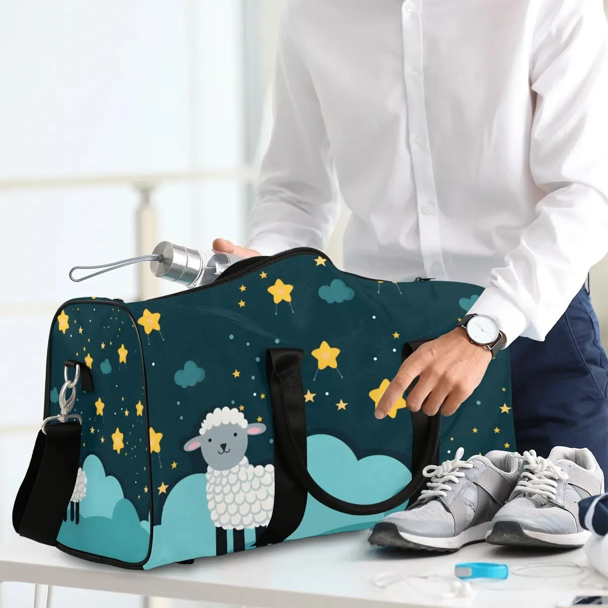 Cute White Sheep Travel Duffel Bag for Women Men Waterproof Foldable Overnight Weekender Bag Large Capacity Sports Gym Bag