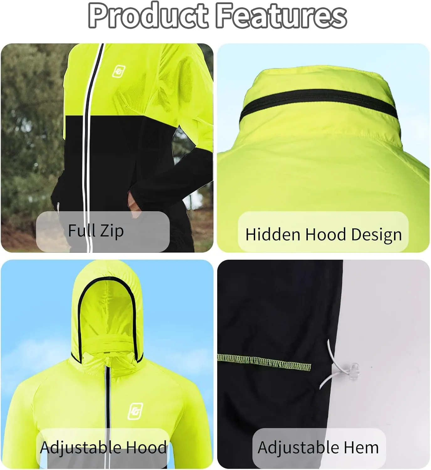 Cycling Rain Jacket Mens Lightweight Running Windbreaker Hooded Waterproof Hiking Travel Rain Coats Reflective
