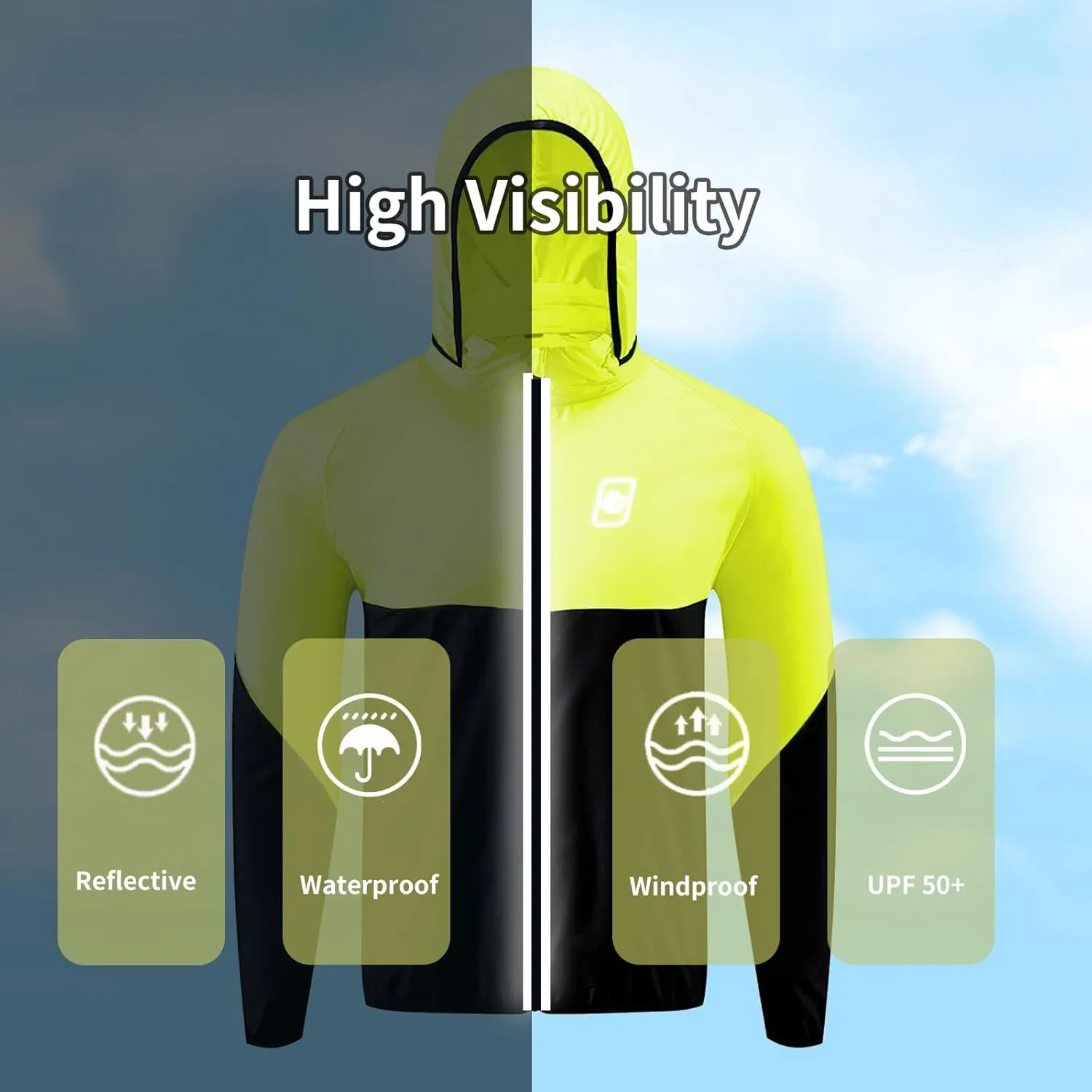 Cycling Rain Jacket Mens Lightweight Running Windbreaker Hooded Waterproof Hiking Travel Rain Coats Reflective