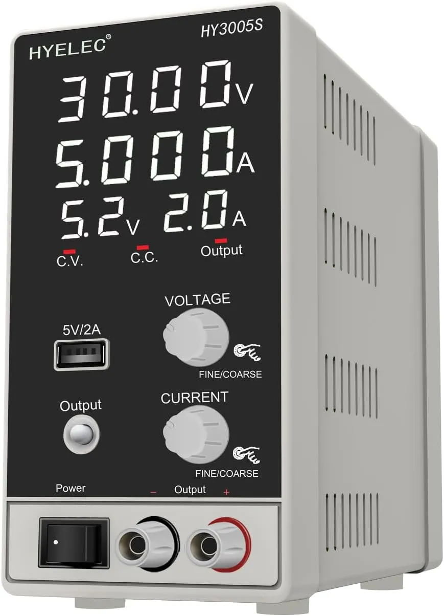 DC Power Supply Variable 30V 5A, Hyelec Adjustable Switching Regulated Power Supply with 4-Digit LED Display, Coarse and Fine Adjustments,5V2A USB Interface,110V Input Voltage
