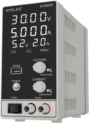 DC Power Supply Variable 30V 5A, Hyelec Adjustable Switching Regulated Power Supply with 4-Digit LED Display, Coarse and Fine Adjustments,5V2A USB Interface,110V Input Voltage