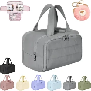 Decisive Makeup Bag, Elouva Toiletry Bag, Large Capacity Wide-Open Travel Cosmetic Bag, Lightweight Waterproof Puffer Storage Bag, Dry-and-Wet Separation with 4 Compartments for Easy Access (Gray)
