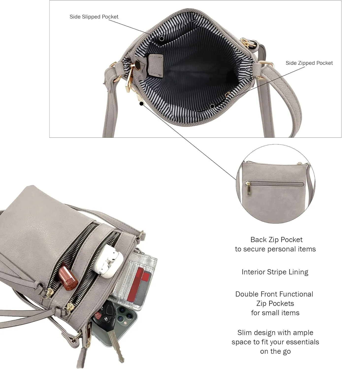DELUXITY | Crossbody Purse Bag | Functional Multi Pocket Double Zipper Purse | Adjustable Strap | Medium Size Purse | Grey