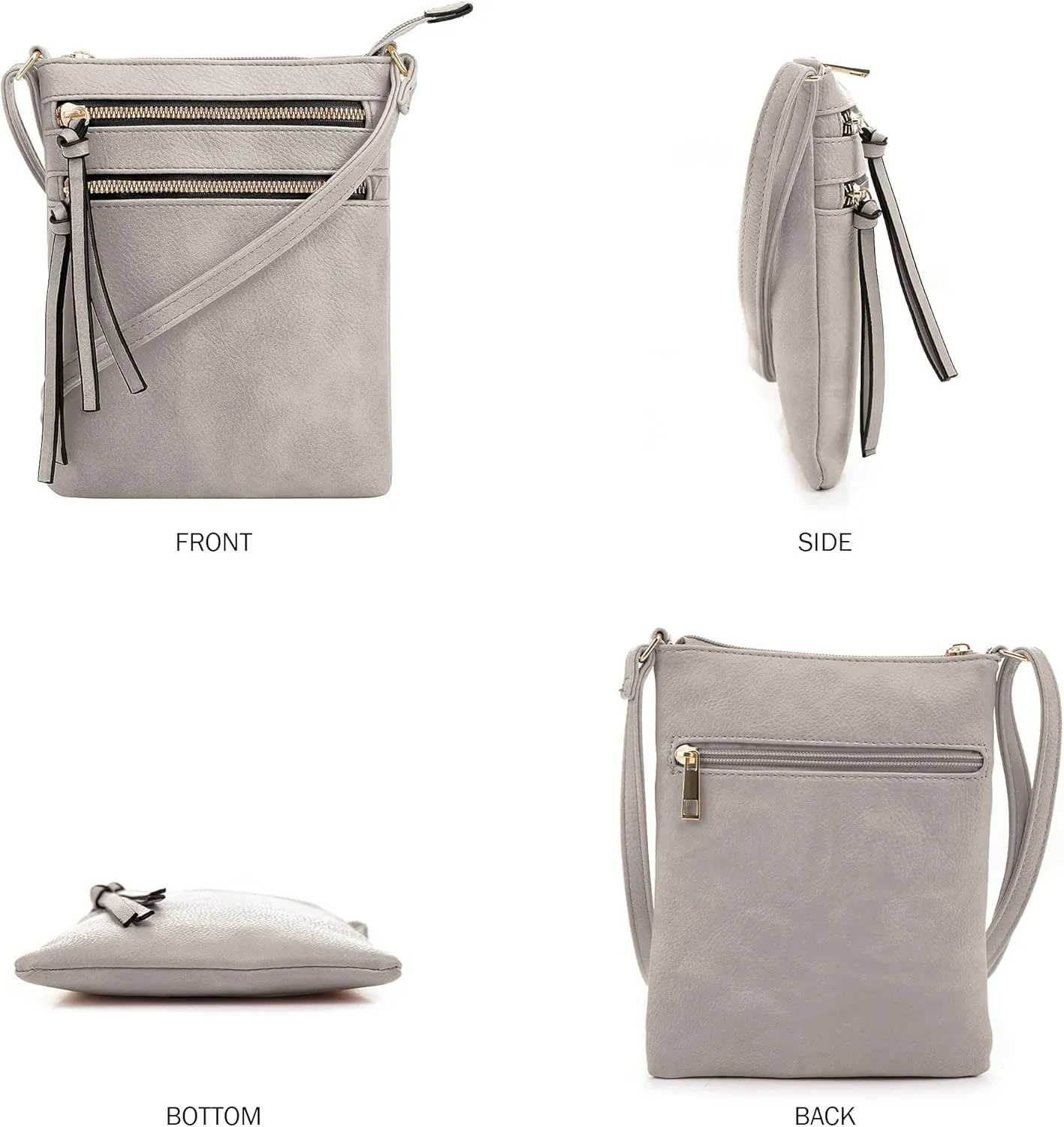 DELUXITY | Crossbody Purse Bag | Functional Multi Pocket Double Zipper Purse | Adjustable Strap | Medium Size Purse | Grey
