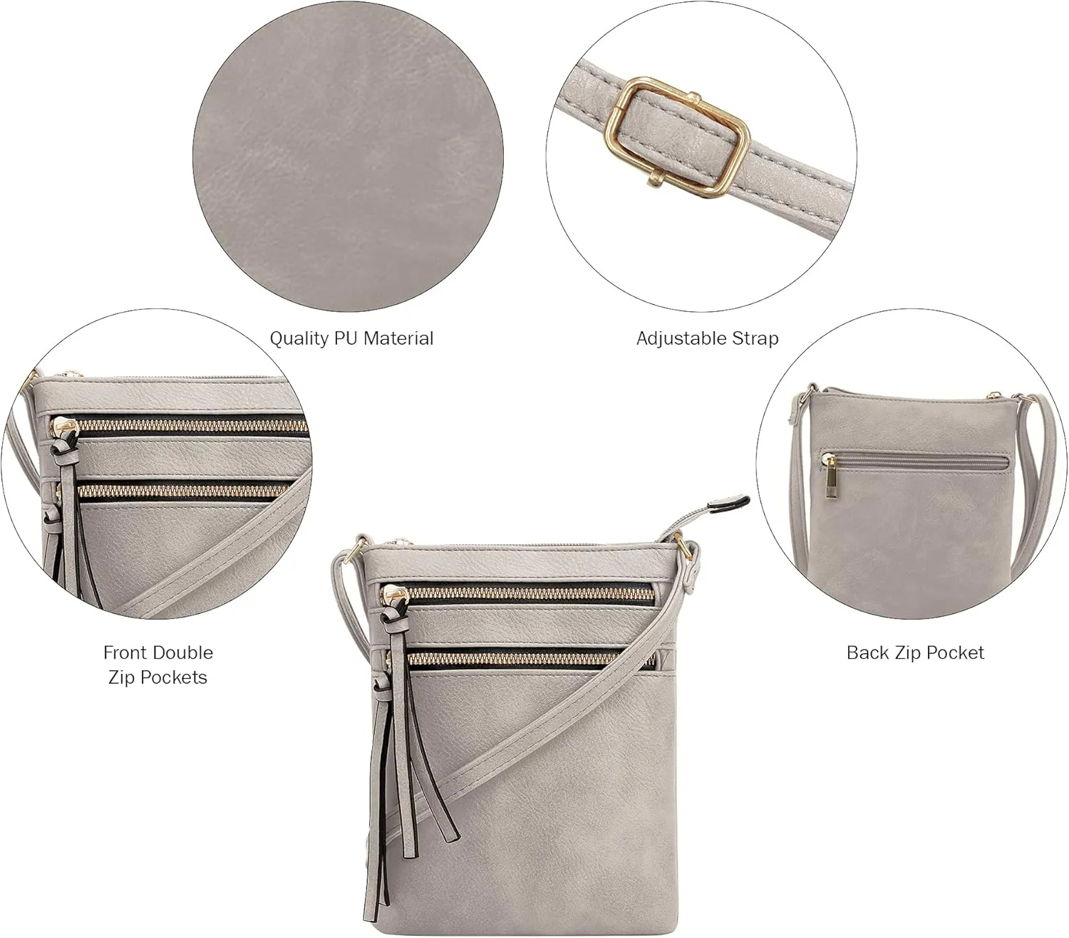 DELUXITY | Crossbody Purse Bag | Functional Multi Pocket Double Zipper Purse | Adjustable Strap | Medium Size Purse | Grey