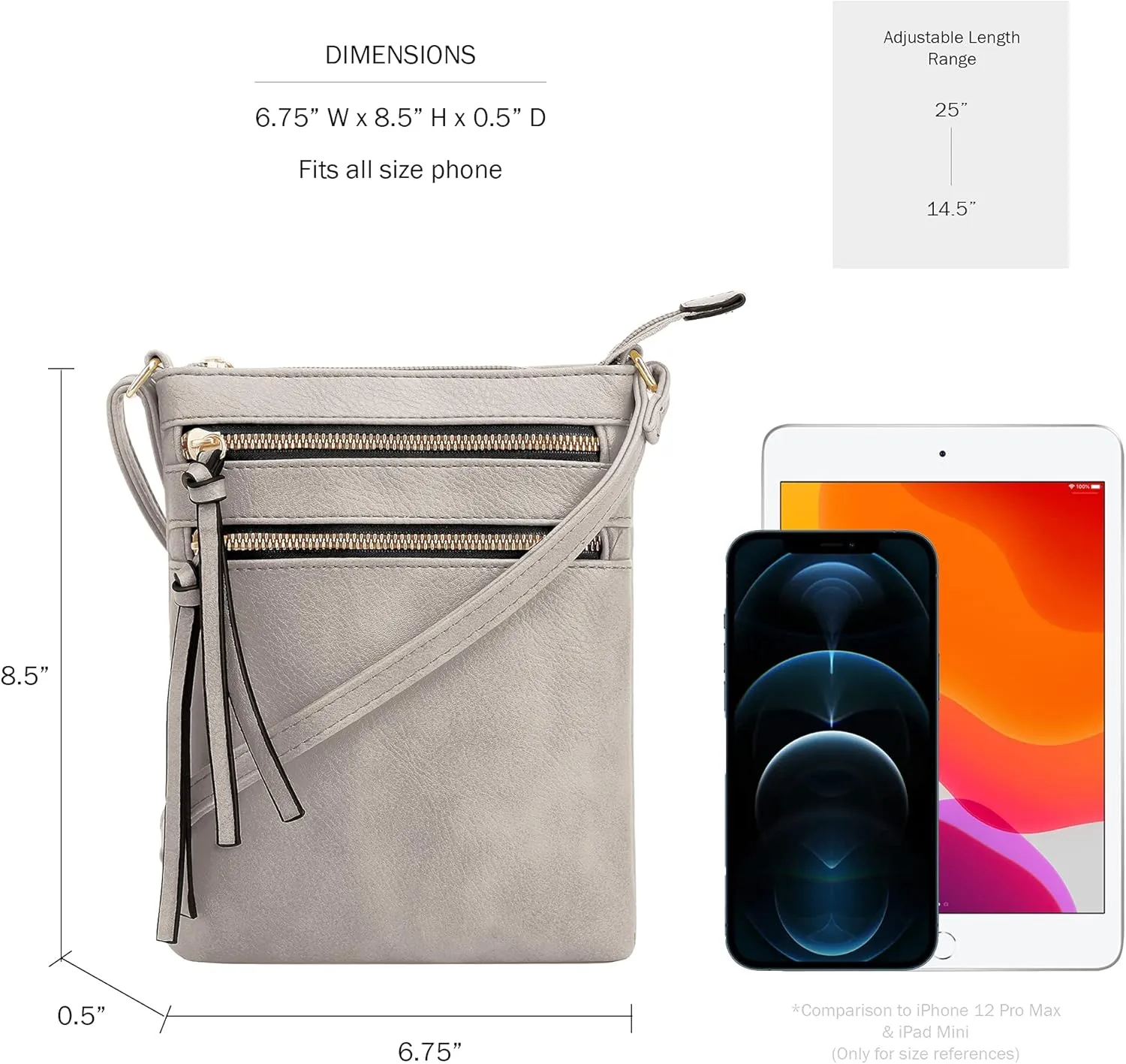 DELUXITY | Crossbody Purse Bag | Functional Multi Pocket Double Zipper Purse | Adjustable Strap | Medium Size Purse | Grey