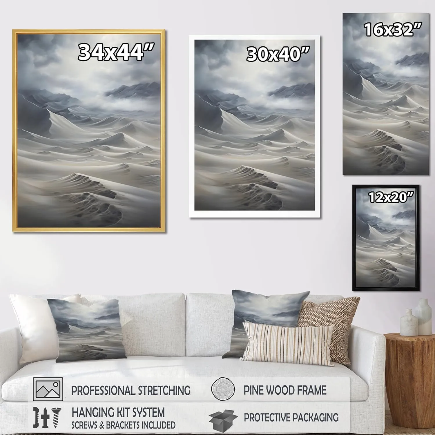 DesignQ Grey Global Canvas wall art, Desert Wall Art, Desert Sandstorm Euphony Impasto, desert Brown Framed Wall art decor, 30x40 inches