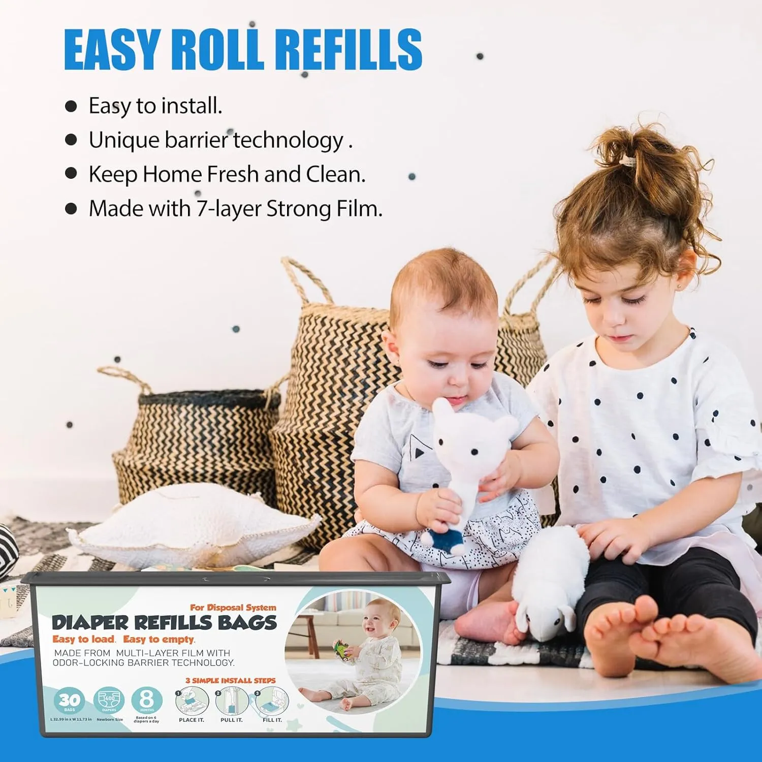 Diaper Pail Refills Bags with 30 Bags Compatible with Genie Easy Roll Signature and Platinum Diaper Pails, 7-Layer Odor-Barrier Technology, 2 Pack (60 Bag)