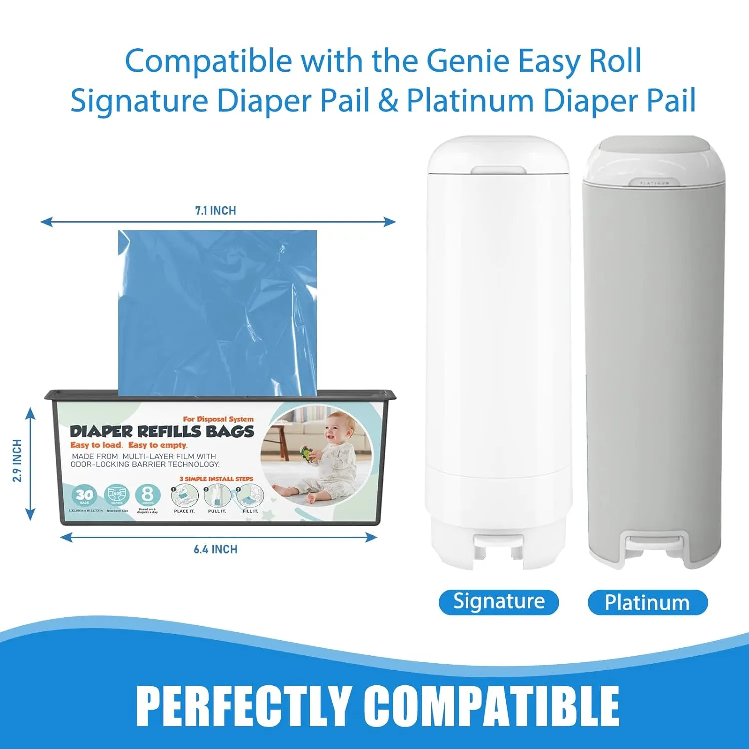 Diaper Pail Refills Bags with 30 Bags Compatible with Genie Easy Roll Signature and Platinum Diaper Pails, 7-Layer Odor-Barrier Technology, 2 Pack (60 Bag)