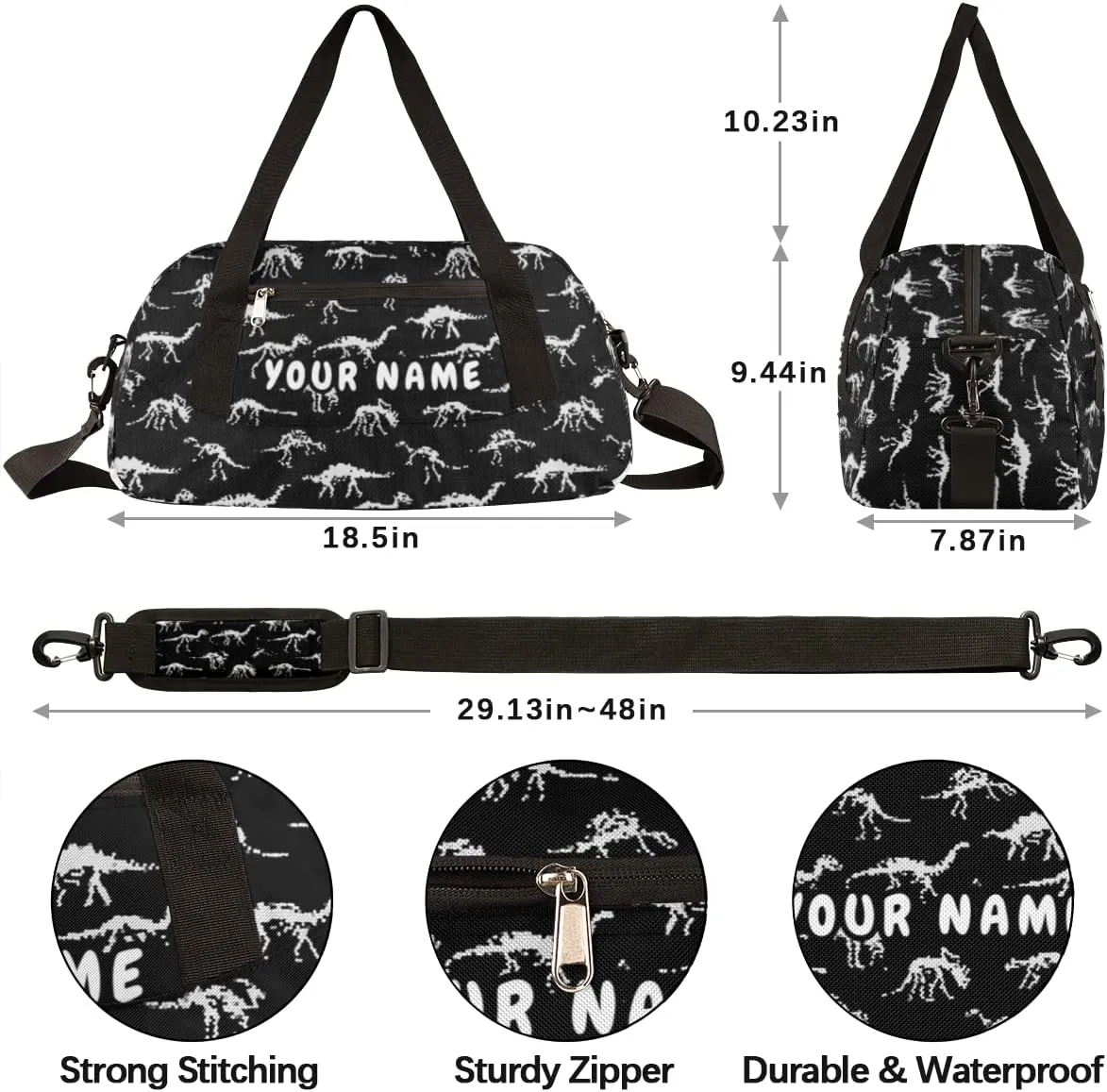 Dinosaur Skull Personalized Kids Duffel Bag for Girls Boys, Dinosaur Debris Custom Dance Bag Overnight Small Duffel Bag Carry On Weekend Sports Travel Bag for School Practice Gymnastics Ballet