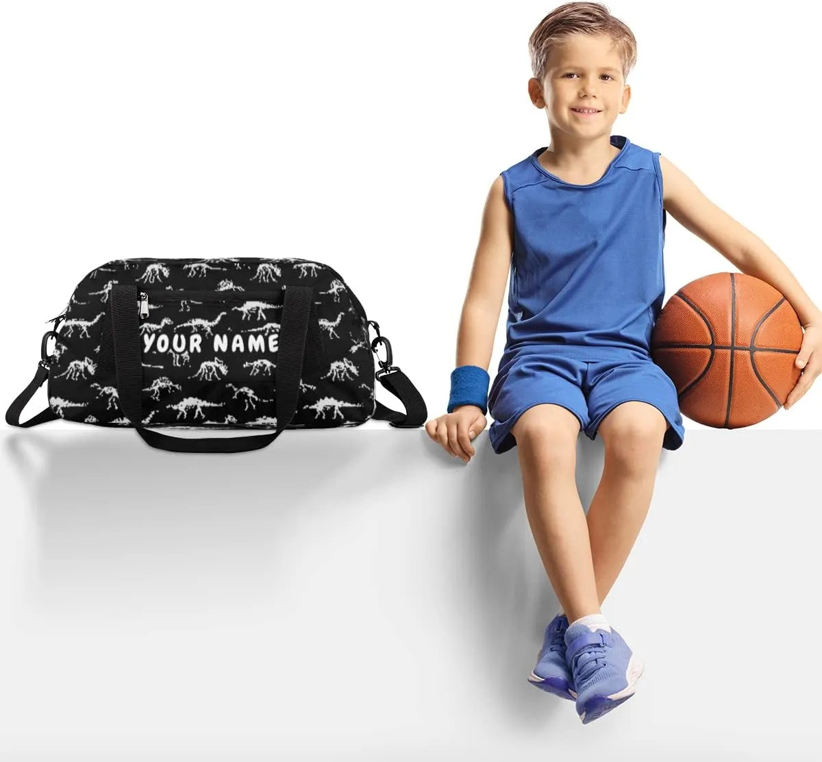 Dinosaur Skull Personalized Kids Duffel Bag for Girls Boys, Dinosaur Debris Custom Dance Bag Overnight Small Duffel Bag Carry On Weekend Sports Travel Bag for School Practice Gymnastics Ballet