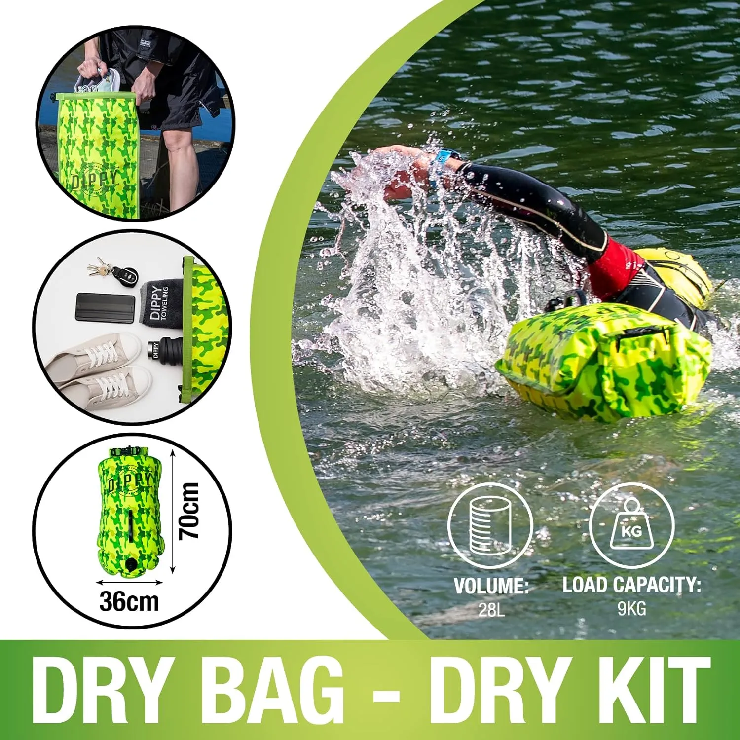 DIPPY Swim Buoy for Open Water Swimmers - Waterproof Tow Float Swim Bubble for Adults, Dry Bag, Inflatable Snorkel Float Belt, Swimming Accessories