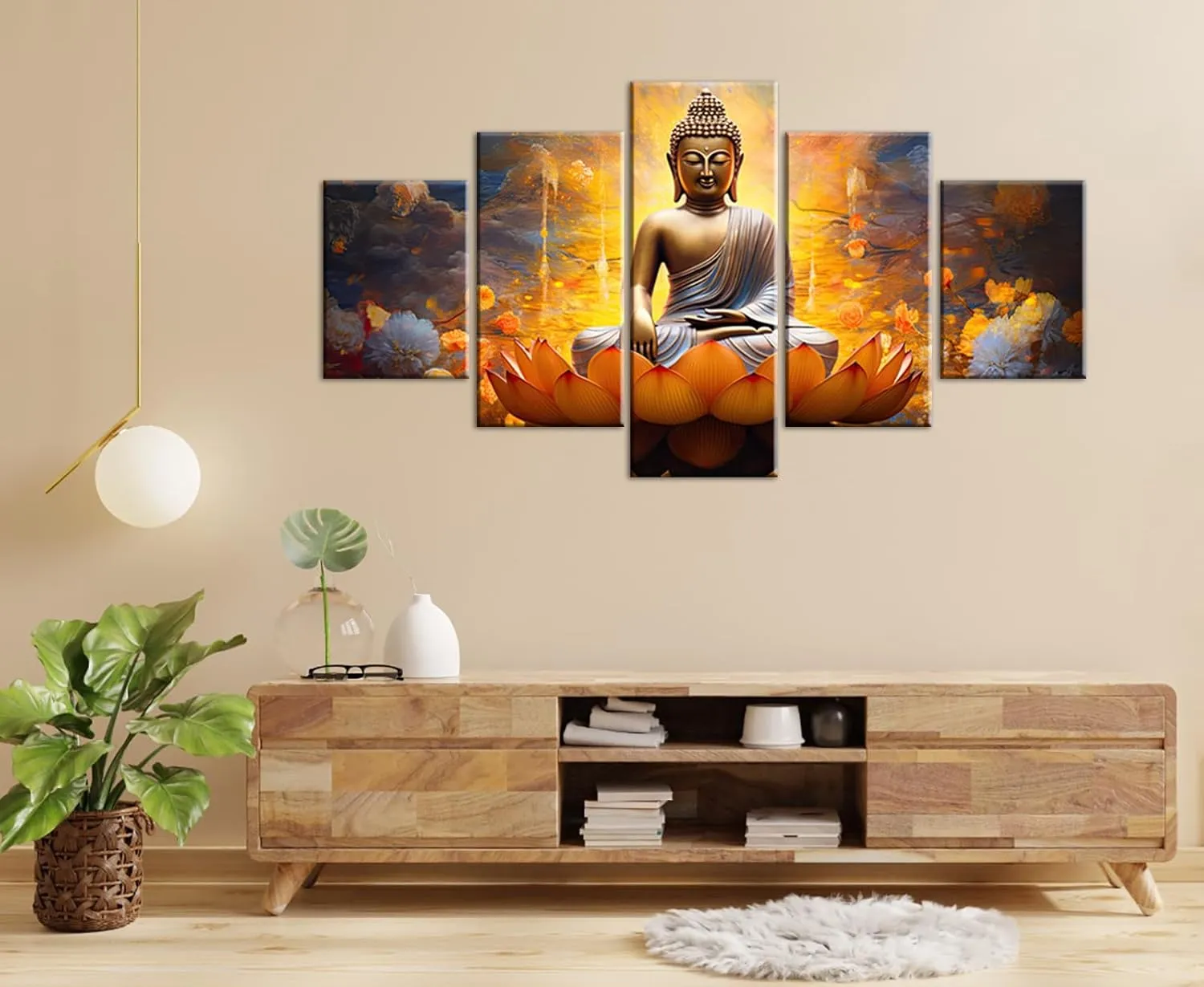DJSYLIFE Gold Buddha Wall Art for Living Room Large 5 Piece Zen Photo Picture HD Canvas Print Paintings for Yoga Room Home Decor Modern Artwork Wooden Framed Ready to Hang Decorations (60" W x 32" H)