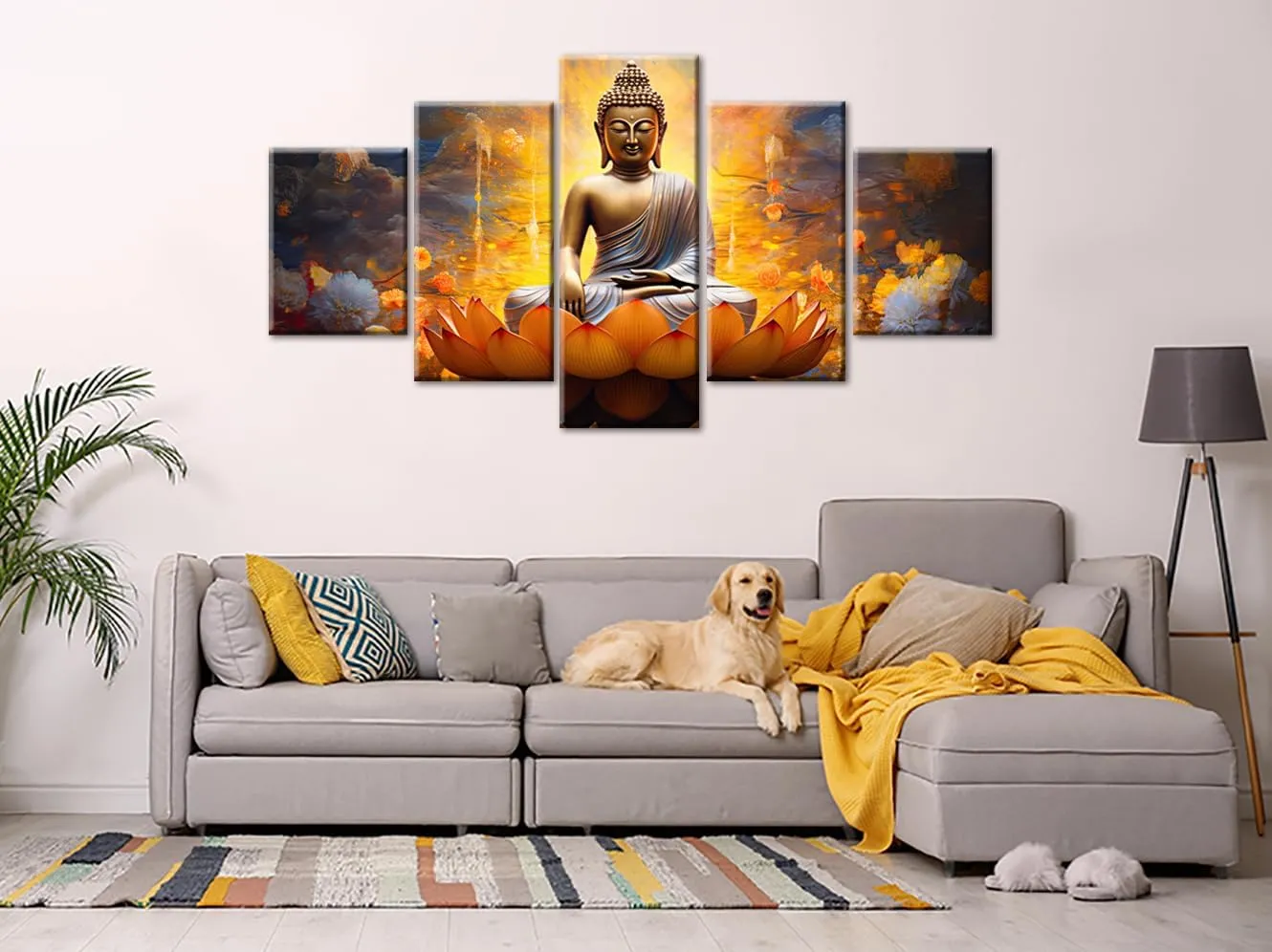 DJSYLIFE Gold Buddha Wall Art for Living Room Large 5 Piece Zen Photo Picture HD Canvas Print Paintings for Yoga Room Home Decor Modern Artwork Wooden Framed Ready to Hang Decorations (60" W x 32" H)