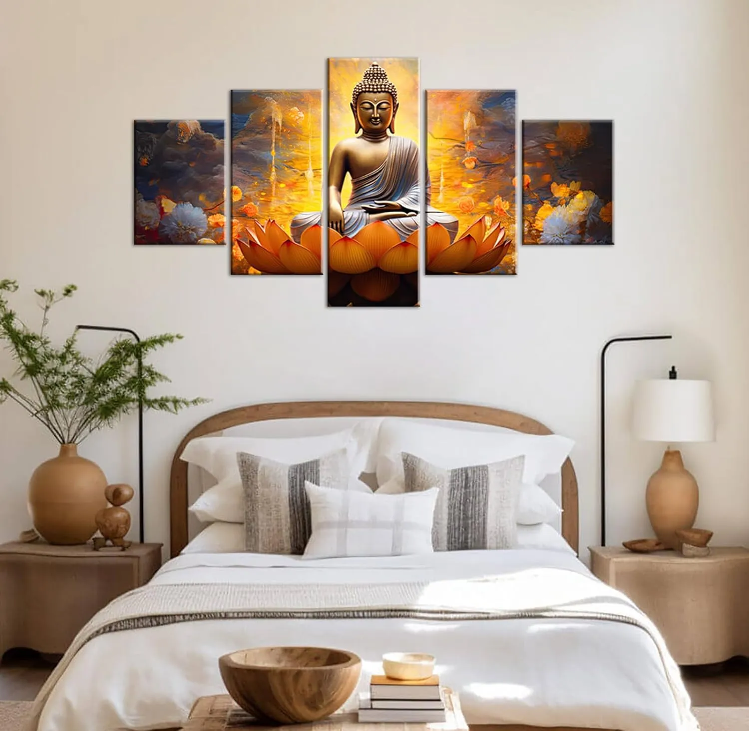 DJSYLIFE Gold Buddha Wall Art for Living Room Large 5 Piece Zen Photo Picture HD Canvas Print Paintings for Yoga Room Home Decor Modern Artwork Wooden Framed Ready to Hang Decorations (60" W x 32" H)
