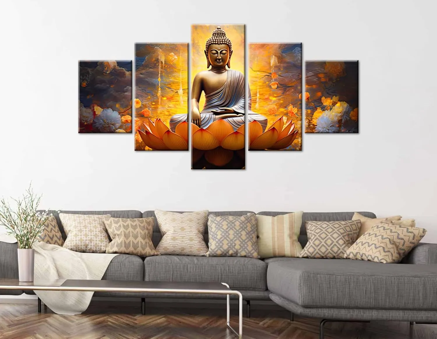DJSYLIFE Gold Buddha Wall Art for Living Room Large 5 Piece Zen Photo Picture HD Canvas Print Paintings for Yoga Room Home Decor Modern Artwork Wooden Framed Ready to Hang Decorations (60" W x 32" H)