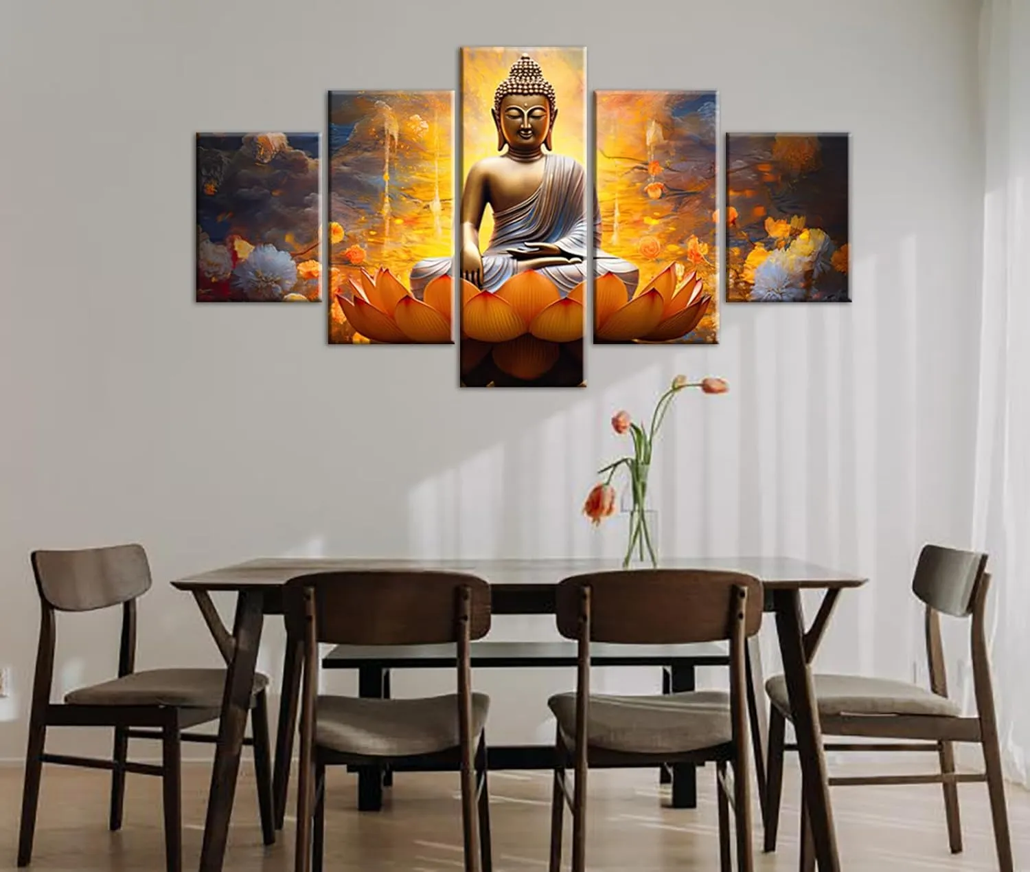 DJSYLIFE Gold Buddha Wall Art for Living Room Large 5 Piece Zen Photo Picture HD Canvas Print Paintings for Yoga Room Home Decor Modern Artwork Wooden Framed Ready to Hang Decorations (60" W x 32" H)