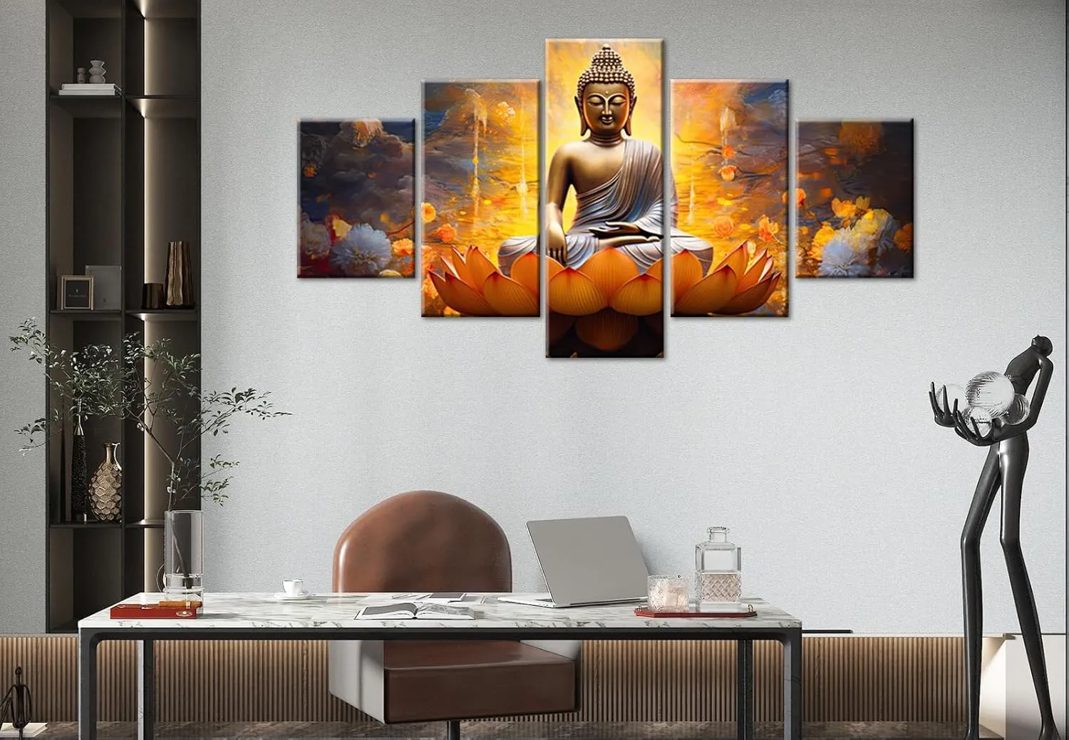 DJSYLIFE Gold Buddha Wall Art for Living Room Large 5 Piece Zen Photo Picture HD Canvas Print Paintings for Yoga Room Home Decor Modern Artwork Wooden Framed Ready to Hang Decorations (60" W x 32" H)