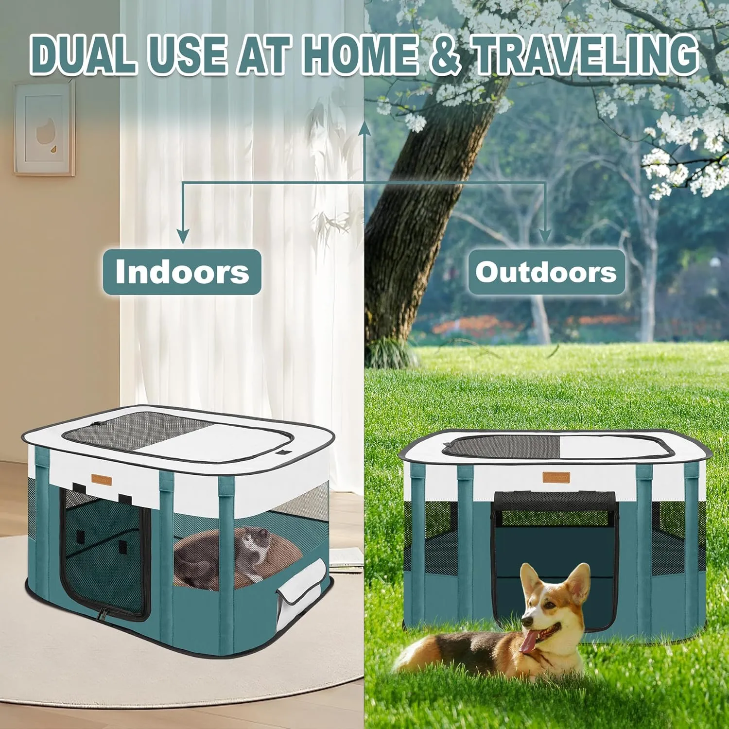 Dog Playpen - Foldable Cat Play Pens for Pubby,Kitten, Rabbit,Portable Pet Tent with Carring Bag for Indoor/Outdoor Travel Camping (Blue-Large)