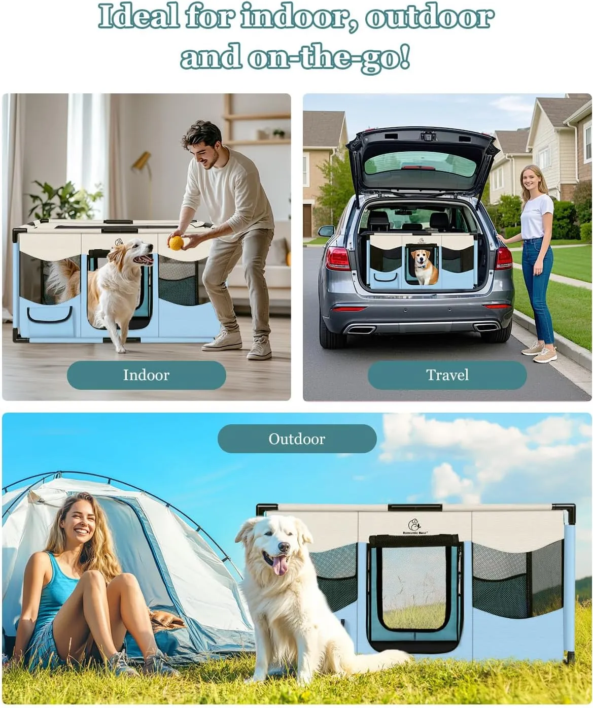 Dog Playpen, Sturdy Puppy Playpens, 39x24x22 Inches Portable Soft Cat Kennel Crate, Indoor & Outdoor Pet Pen with PVC Pipe Frame, Lightweight Cage for Small Animals with Carrying Bag (Blue L)