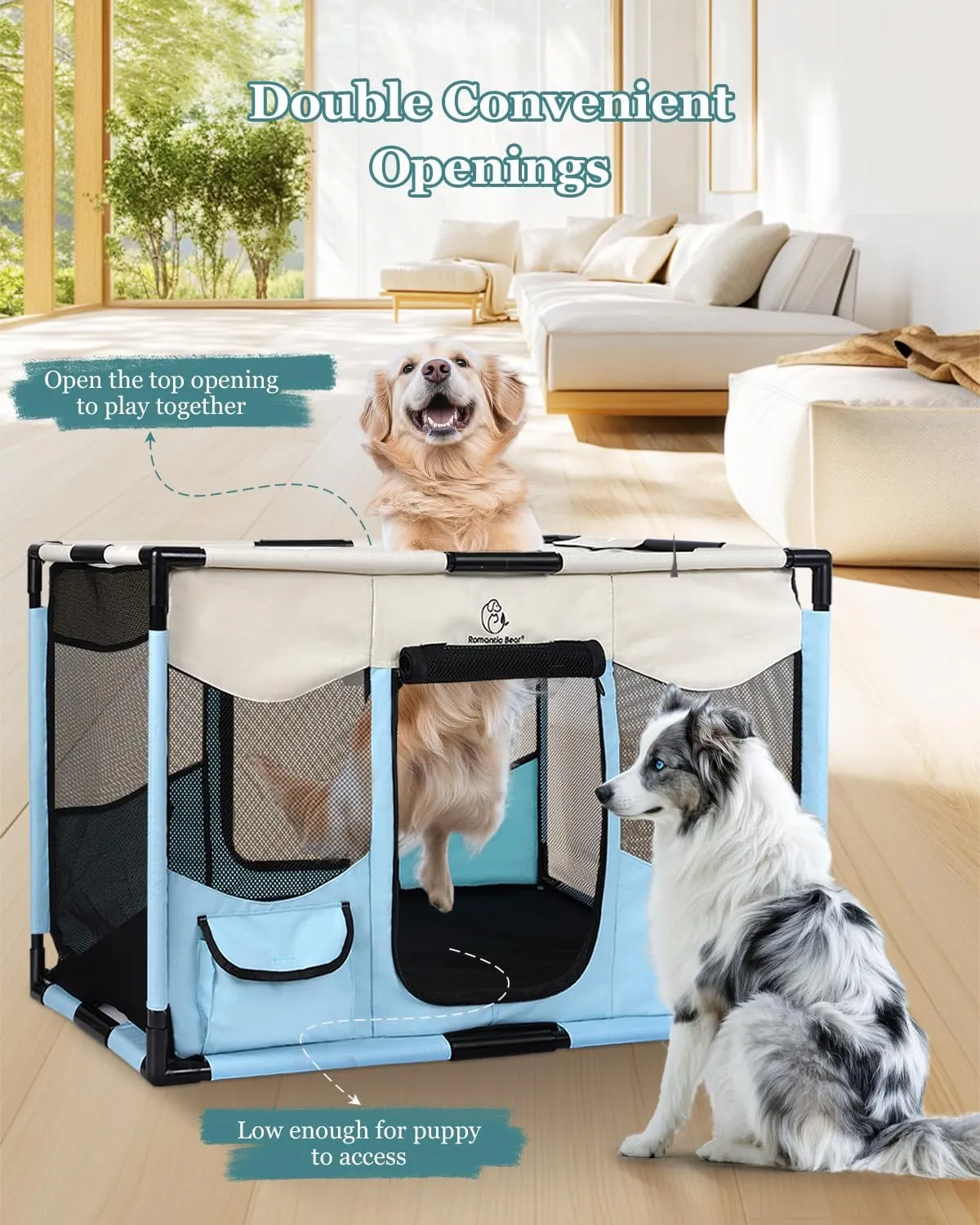 Dog Playpen, Sturdy Puppy Playpens, 39x24x22 Inches Portable Soft Cat Kennel Crate, Indoor & Outdoor Pet Pen with PVC Pipe Frame, Lightweight Cage for Small Animals with Carrying Bag (Blue L)