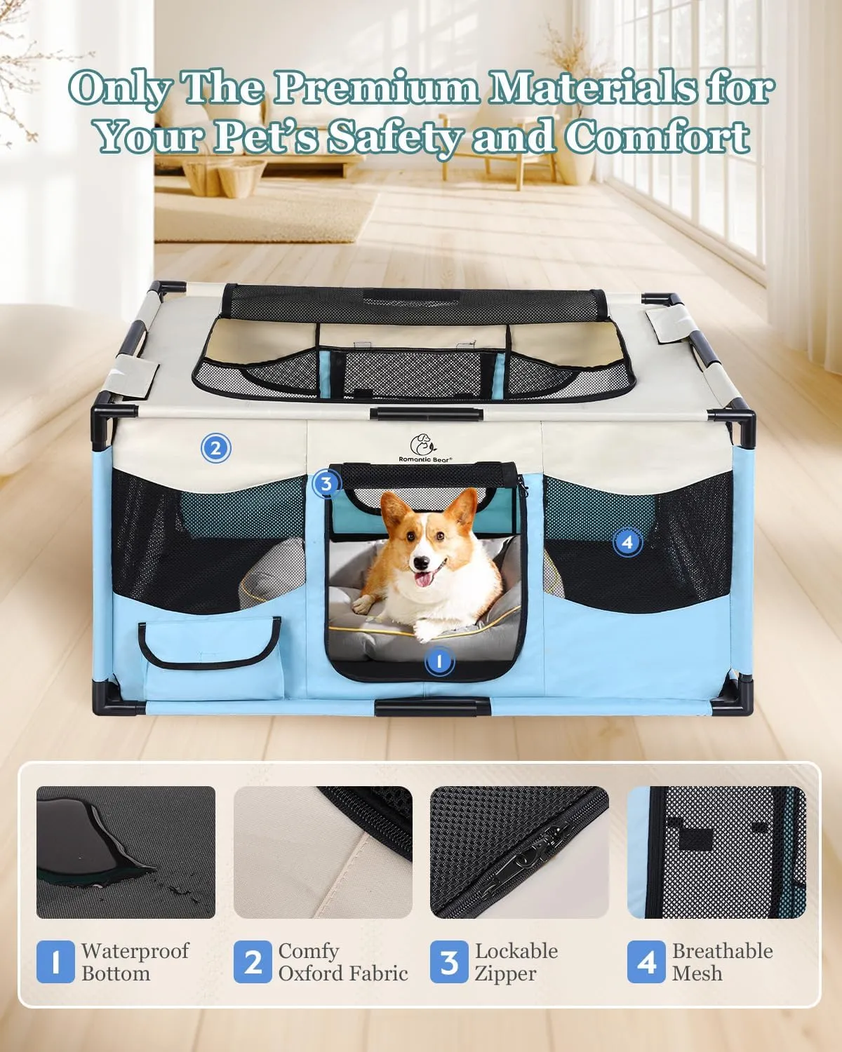 Dog Playpen, Sturdy Puppy Playpens, 39x24x22 Inches Portable Soft Cat Kennel Crate, Indoor & Outdoor Pet Pen with PVC Pipe Frame, Lightweight Cage for Small Animals with Carrying Bag (Blue L)
