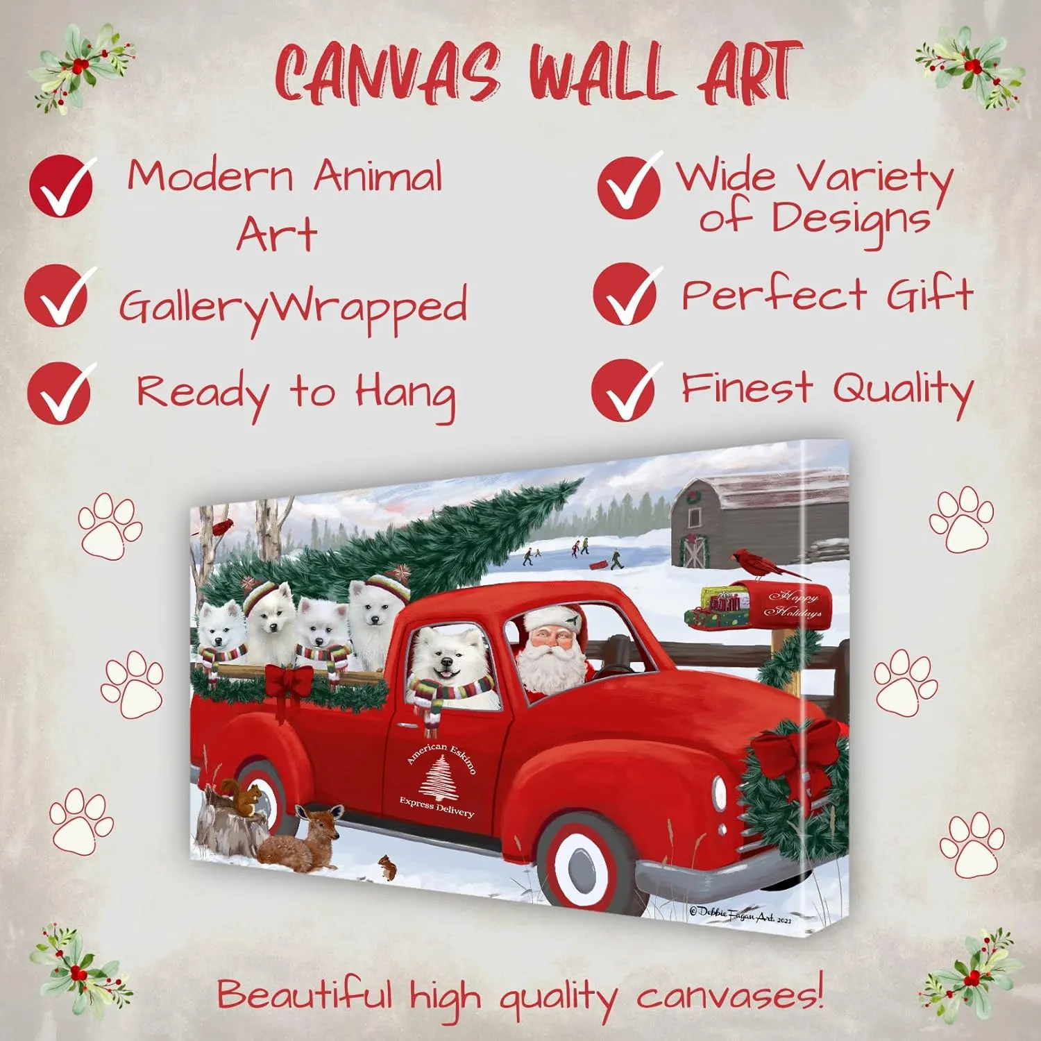 Doggie of the Day Christmas Express Red Truck with American Eskimo Dogs Canvas Wall Art - Premium Quality Ready to Hang Room Decor - 1.5" Thick Canvas Wrap 8" x 10"