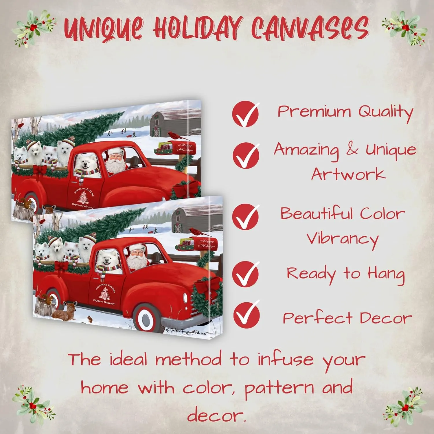 Doggie of the Day Christmas Express Red Truck with American Eskimo Dogs Canvas Wall Art - Premium Quality Ready to Hang Room Decor - 1.5" Thick Canvas Wrap 8" x 10"