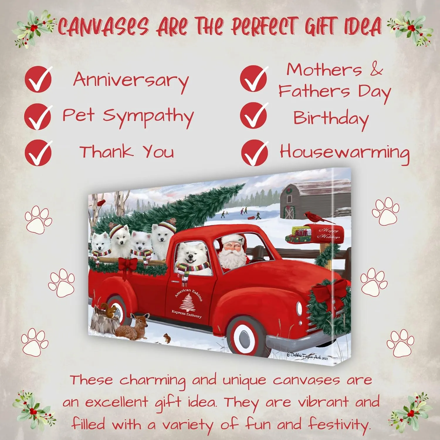 Doggie of the Day Christmas Express Red Truck with American Eskimo Dogs Canvas Wall Art - Premium Quality Ready to Hang Room Decor - 1.5" Thick Canvas Wrap 8" x 10"