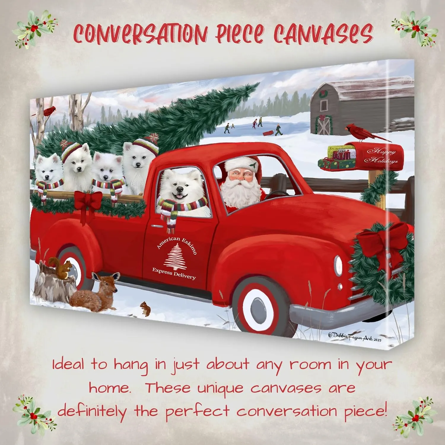 Doggie of the Day Christmas Express Red Truck with American Eskimo Dogs Canvas Wall Art - Premium Quality Ready to Hang Room Decor - 1.5" Thick Canvas Wrap 8" x 10"
