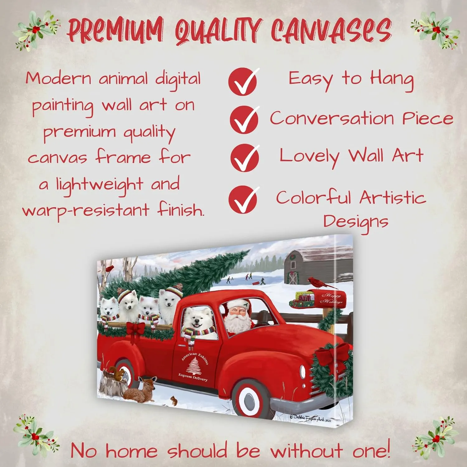 Doggie of the Day Christmas Express Red Truck with American Eskimo Dogs Canvas Wall Art - Premium Quality Ready to Hang Room Decor - 1.5" Thick Canvas Wrap 8" x 10"