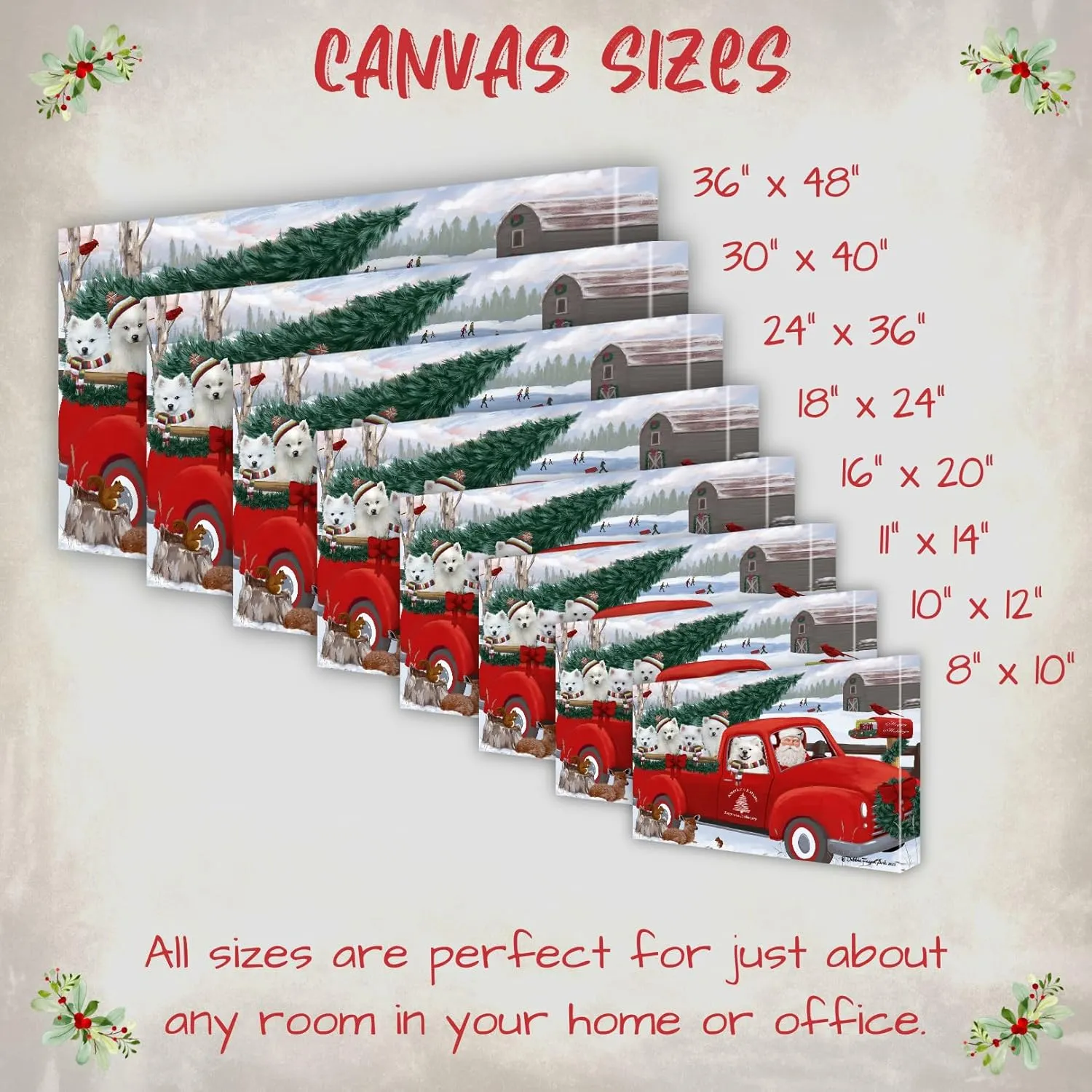 Doggie of the Day Christmas Express Red Truck with American Eskimo Dogs Canvas Wall Art - Premium Quality Ready to Hang Room Decor - 1.5" Thick Canvas Wrap 8" x 10"