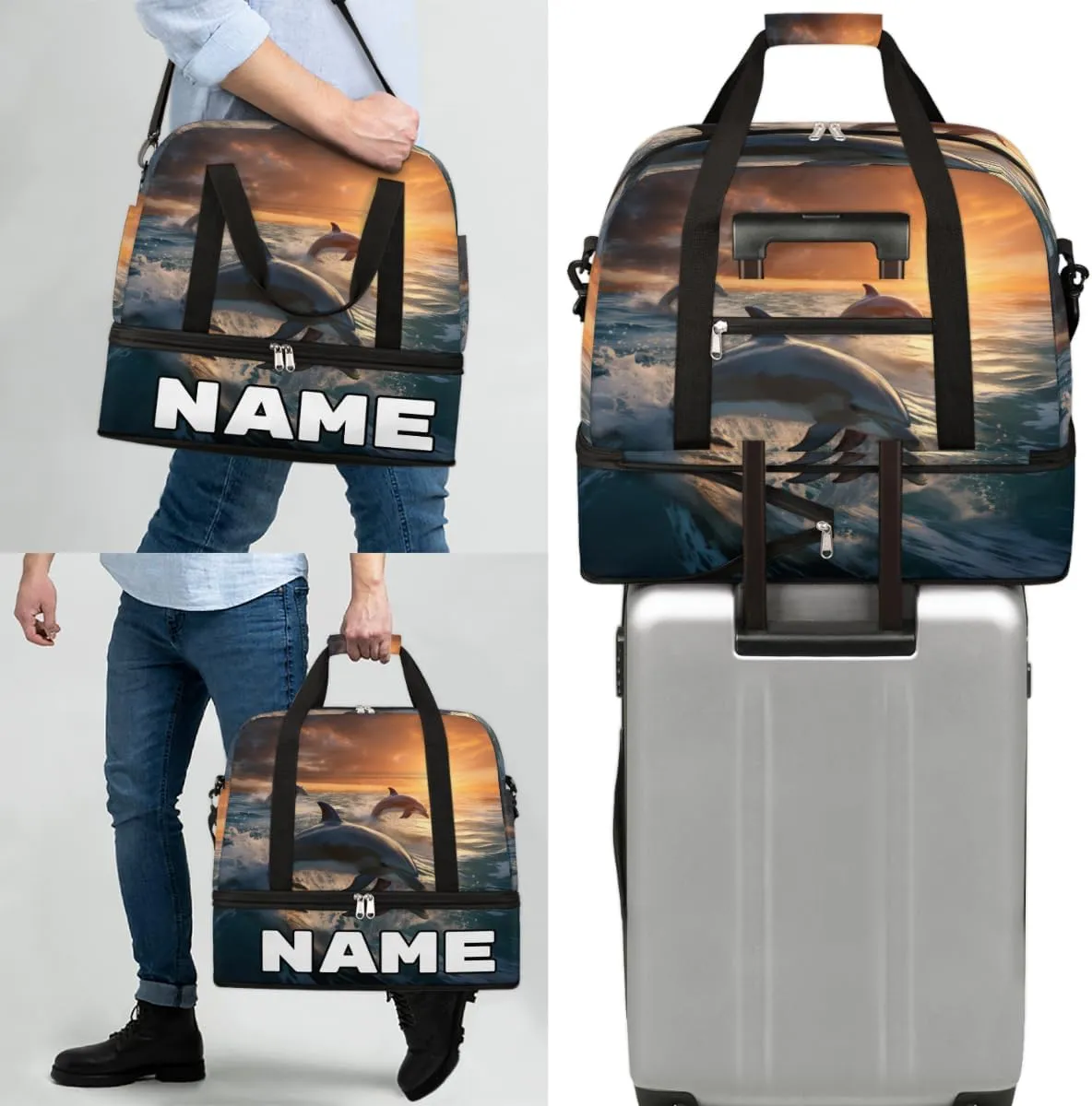 Dolphin Printing Custom Foldable Duffle Bag with Shoes Compartment Personalized Large Capacity Waterproof Travel Weekender Bag Overnight Bag for Sports Gym