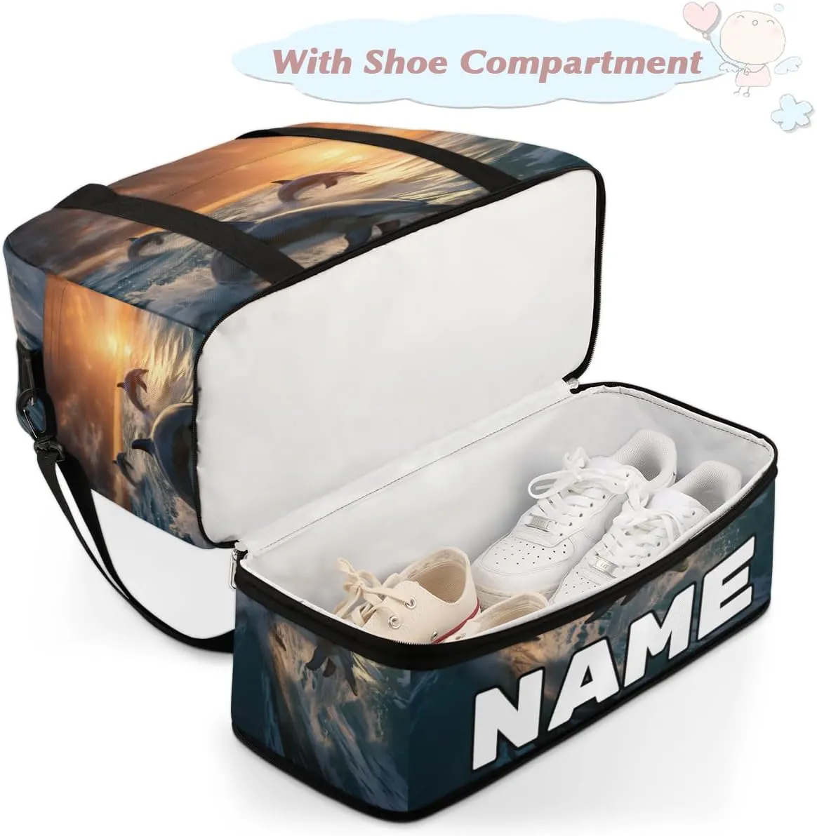 Dolphin Printing Custom Foldable Duffle Bag with Shoes Compartment Personalized Large Capacity Waterproof Travel Weekender Bag Overnight Bag for Sports Gym
