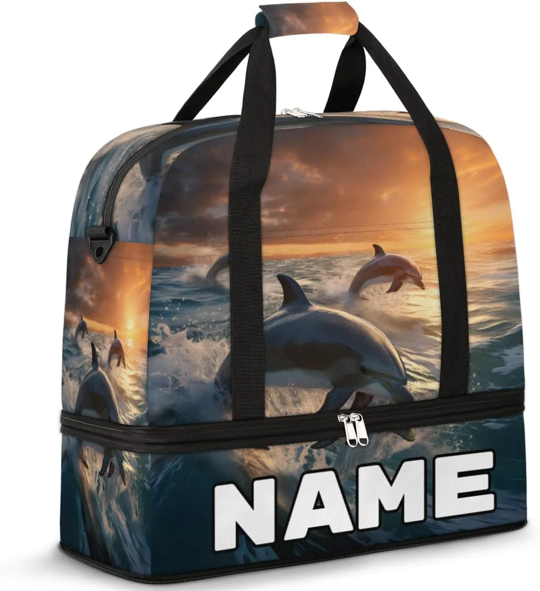 Dolphin Printing Custom Foldable Duffle Bag with Shoes Compartment Personalized Large Capacity Waterproof Travel Weekender Bag Overnight Bag for Sports Gym