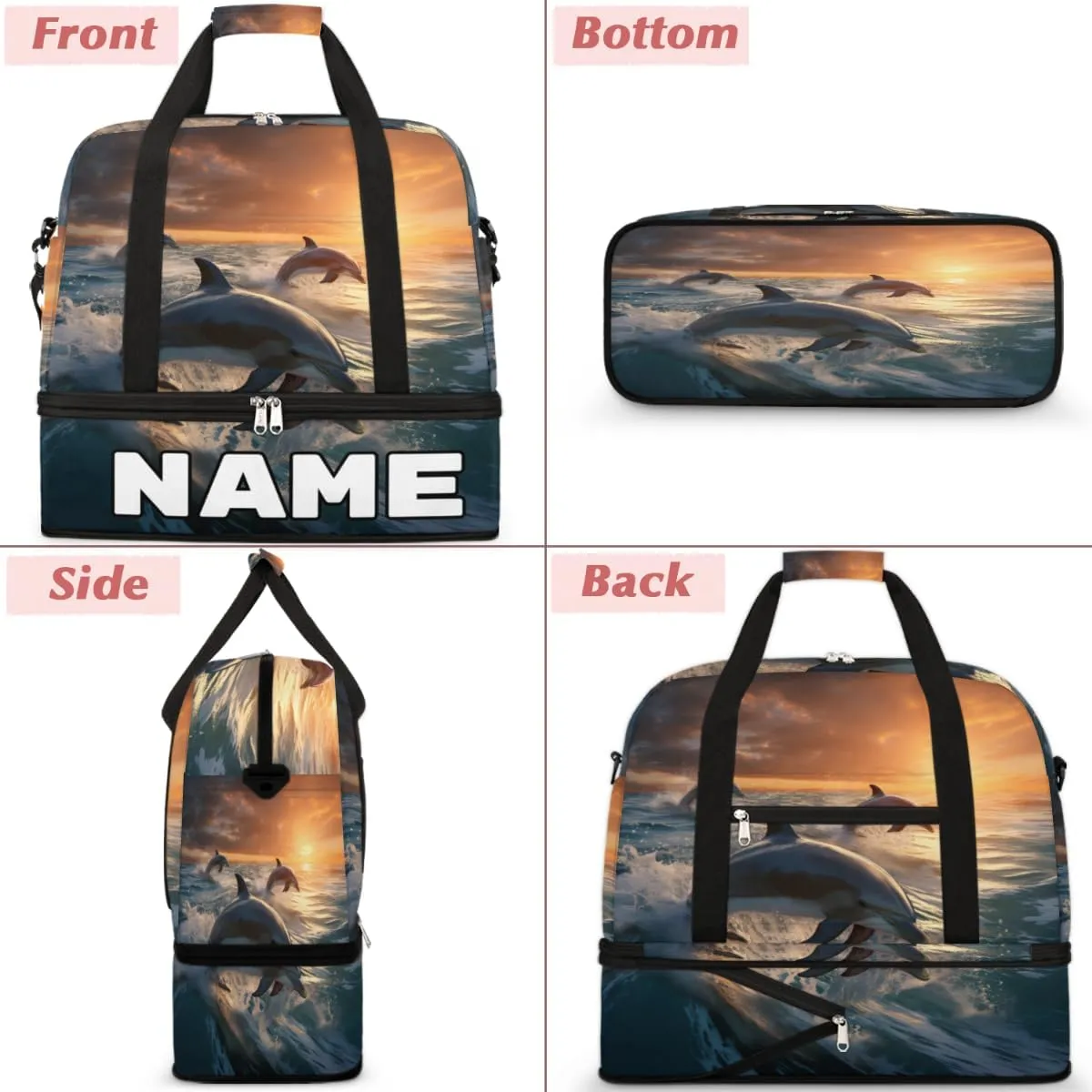 Dolphin Printing Custom Foldable Duffle Bag with Shoes Compartment Personalized Large Capacity Waterproof Travel Weekender Bag Overnight Bag for Sports Gym
