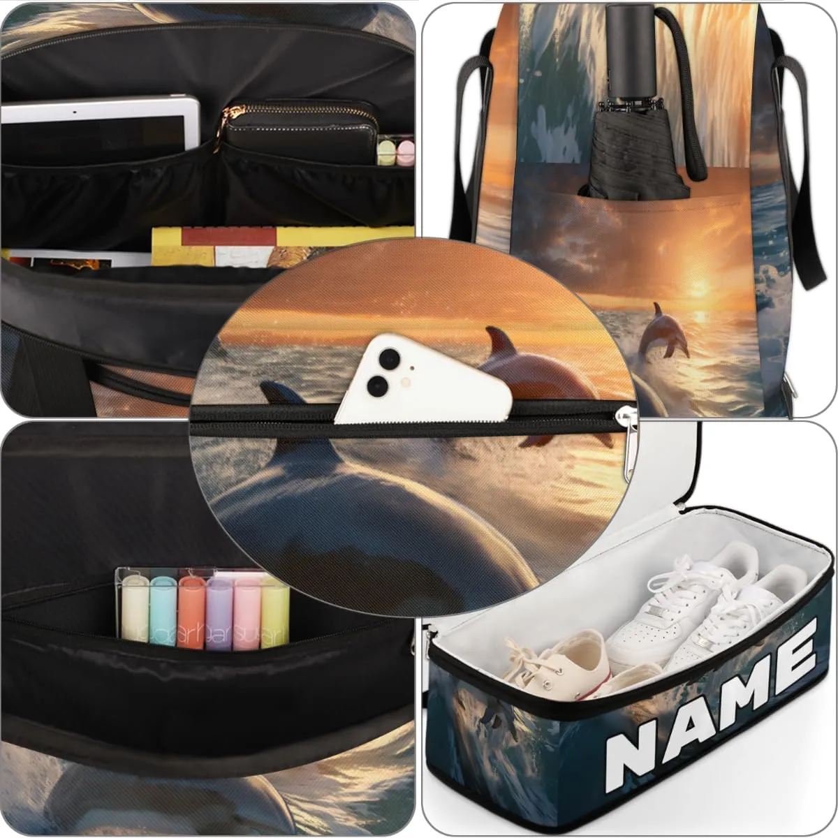 Dolphin Printing Custom Foldable Duffle Bag with Shoes Compartment Personalized Large Capacity Waterproof Travel Weekender Bag Overnight Bag for Sports Gym