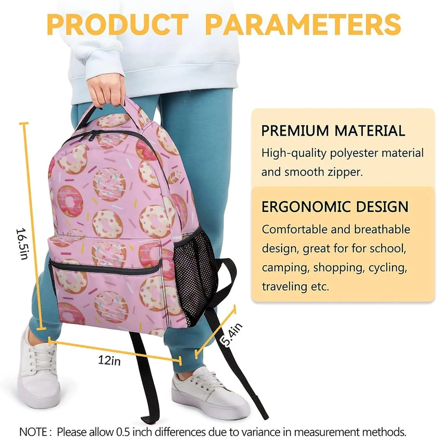 Donut Backpacks for Girls - 16 Inch Cute Backpack for School - Pink, Large Capacity, Durable, Lightweight Bookbag for Kids Travel