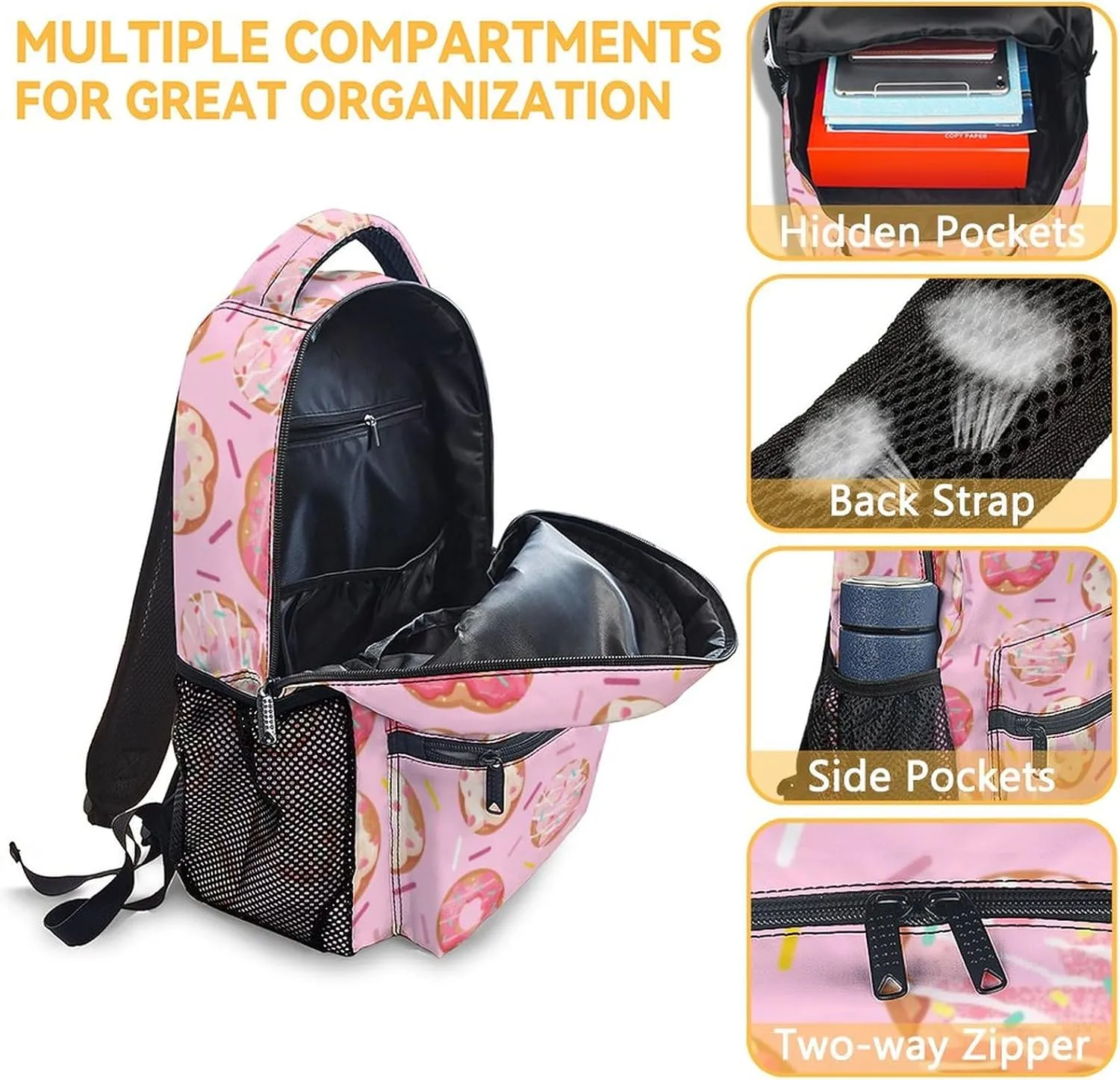 Donut Backpacks for Girls - 16 Inch Cute Backpack for School - Pink, Large Capacity, Durable, Lightweight Bookbag for Kids Travel