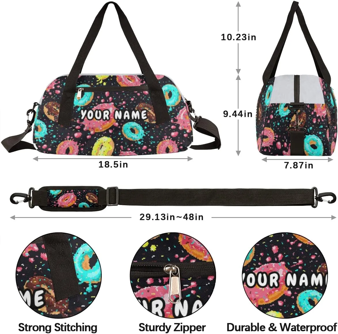 Donut Pink Personalized Kids Duffel Bag for Girls Boys, Donut Debris Custom Dance Bag Overnight Small Duffel Bag Carry On Weekend Sports Travel Bag for School Practice Gymnastics Ballet