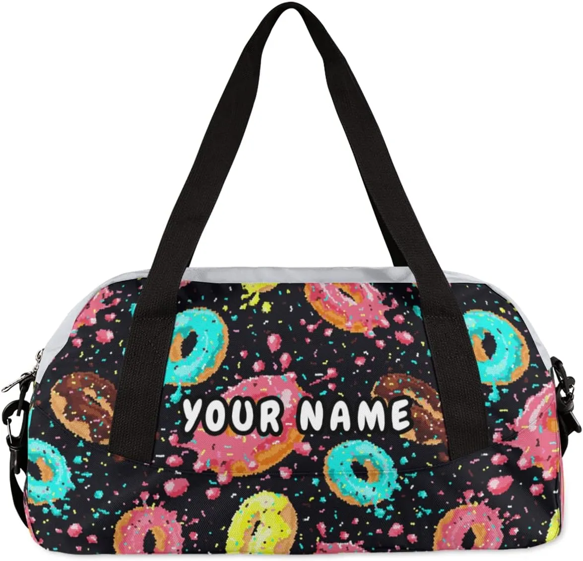 Donut Pink Personalized Kids Duffel Bag for Girls Boys, Donut Debris Custom Dance Bag Overnight Small Duffel Bag Carry On Weekend Sports Travel Bag for School Practice Gymnastics Ballet