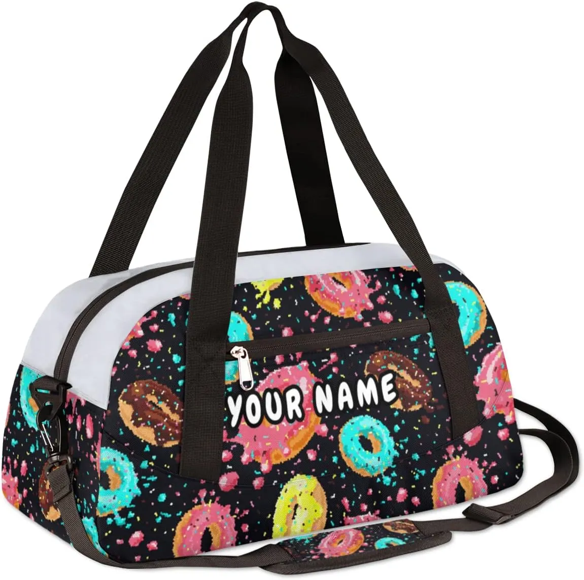 Donut Pink Personalized Kids Duffel Bag for Girls Boys, Donut Debris Custom Dance Bag Overnight Small Duffel Bag Carry On Weekend Sports Travel Bag for School Practice Gymnastics Ballet