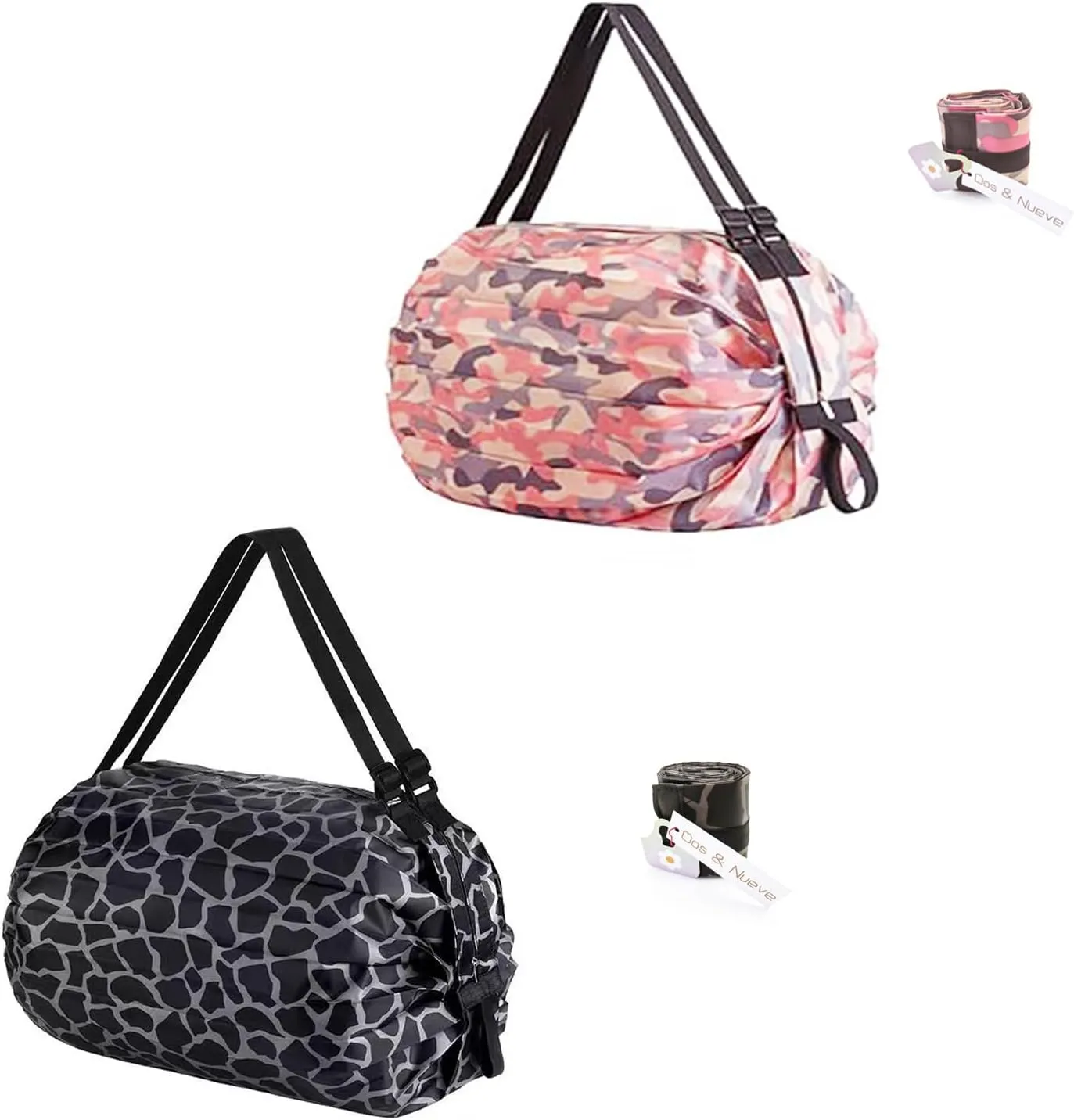 Dos & Nueve, 2 Pack Portable Folding Duffel Bag, Large Capacity Multipurpose Storage Bag for Shopping, Sports and Traveling (Pink & Black)