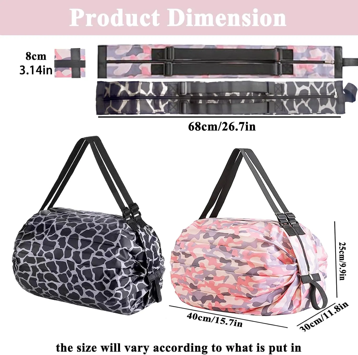 Dos & Nueve, 2 Pack Portable Folding Duffel Bag, Large Capacity Multipurpose Storage Bag for Shopping, Sports and Traveling (Pink & Black)