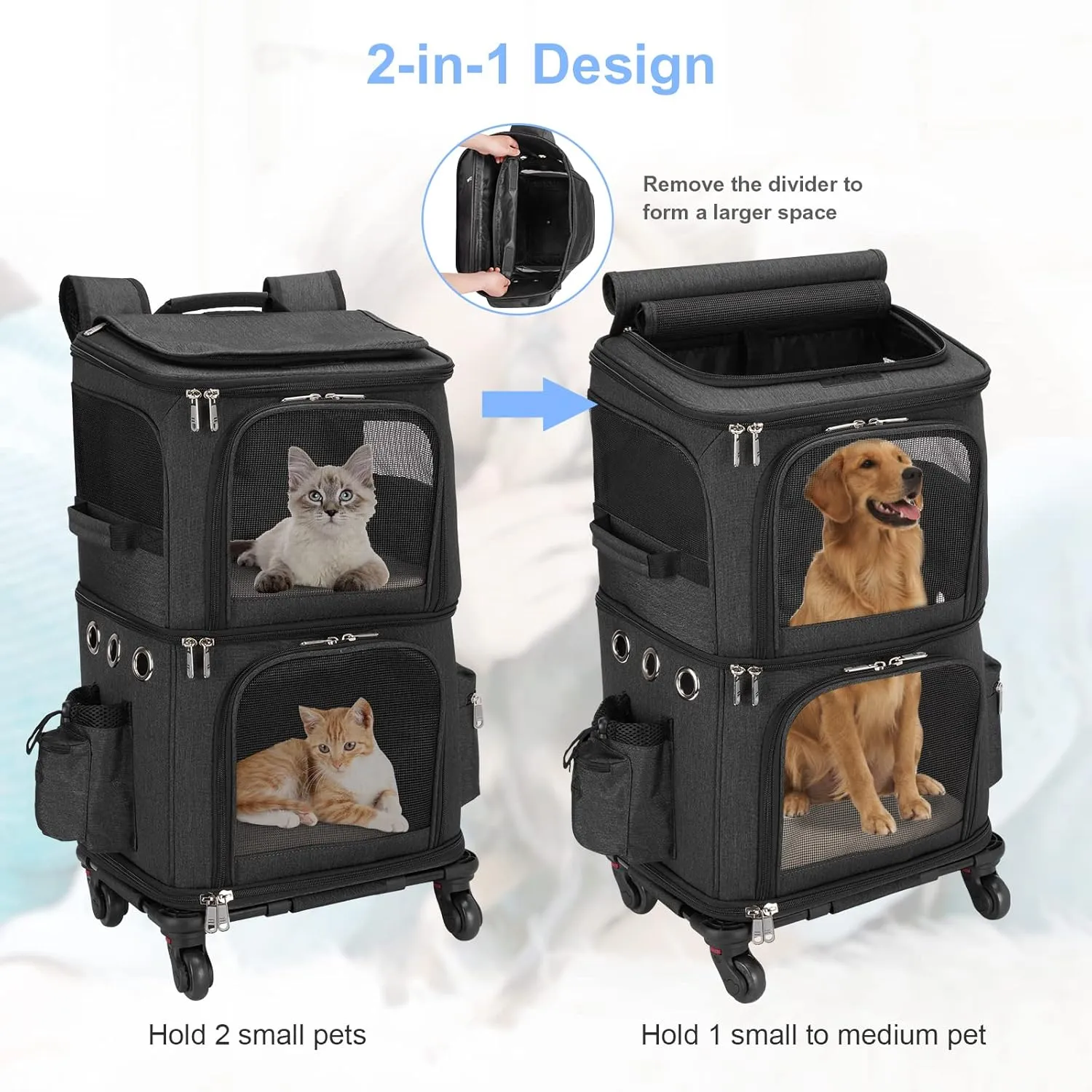Double-Compartment Pet Carrier Backpack with Wheels for Small Cats and Dogs, Cat Rolling Carrier for 2 Cats, Perfect for Traveling/Taking a Walk/Trips to The Vet, Black